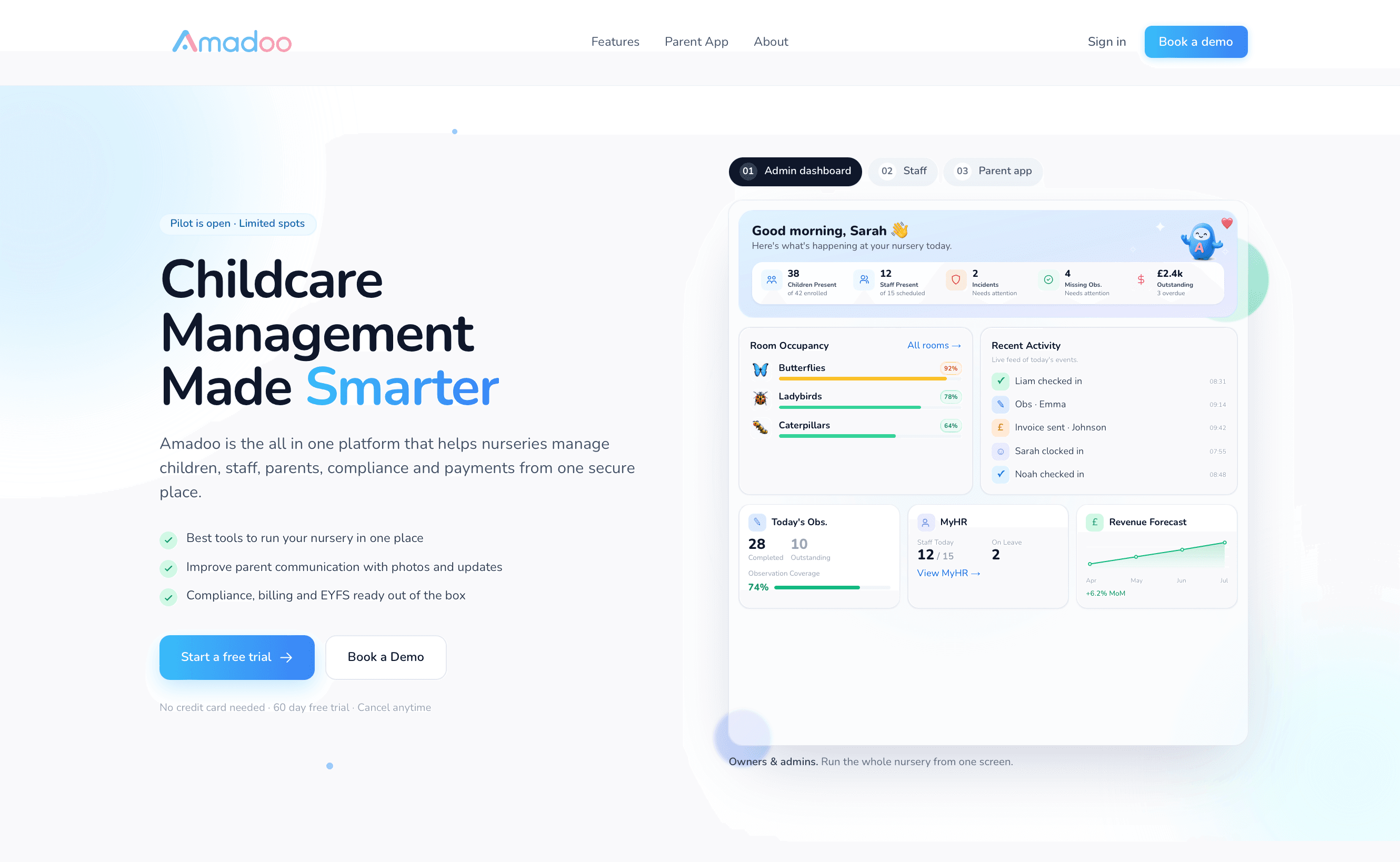 Amadoo, childcare management platform homepage